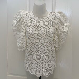 Crochet Off White Lace Puff Sleeve Top Sz S
